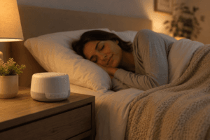 Person sleeping peacefully in bed with a white noise machine on the bedside table