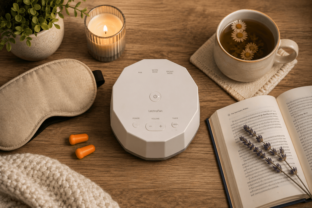Digital white noise machine displayed with sleep accessories on a wooden surface