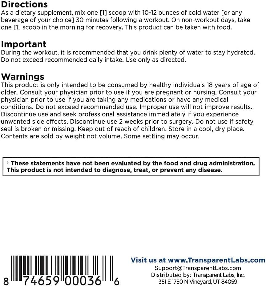 Transparent Labs Creatine HMB directions and warnings
