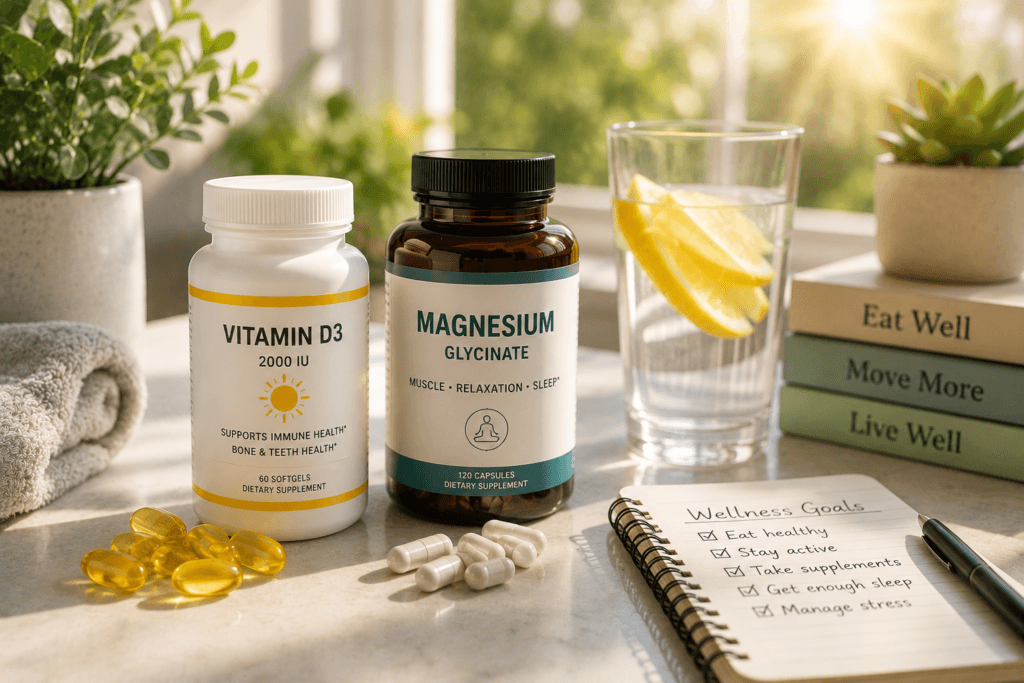 Wellness morning routine setup vitamin d and magnesium supplements