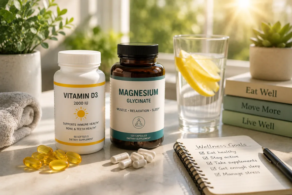Wellness morning routine setup vitamin d and magnesium supplements