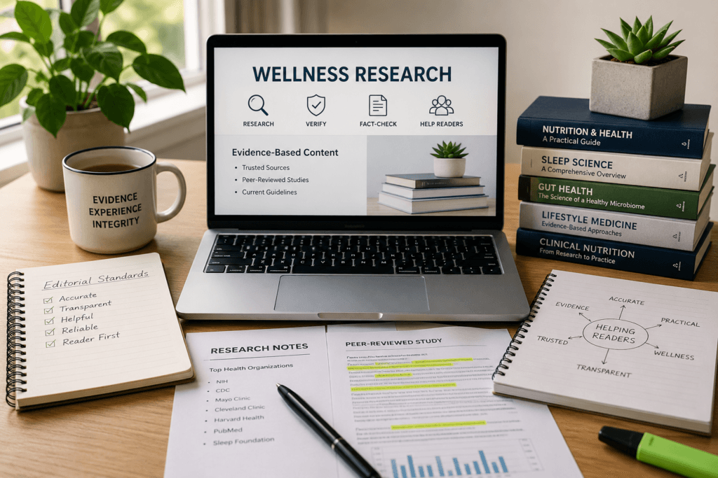 Editorial research process for creating evidence-informed wellness content.