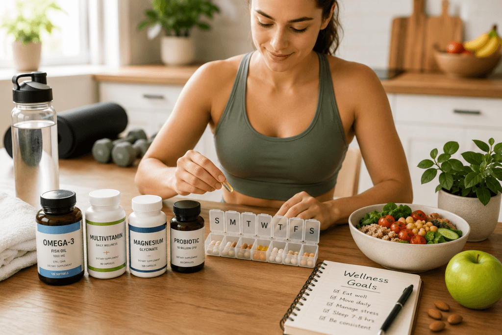 Wellness routine in a serene kitchen daily wellness supplement routine