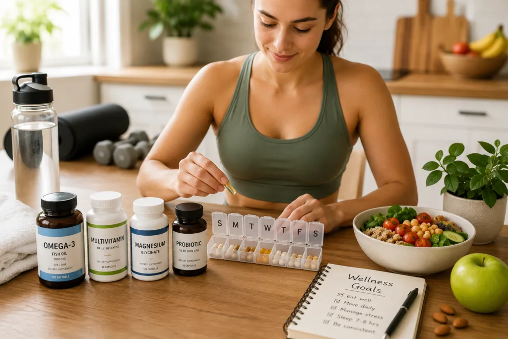 Wellness routine in a serene kitchen daily wellness supplement routine