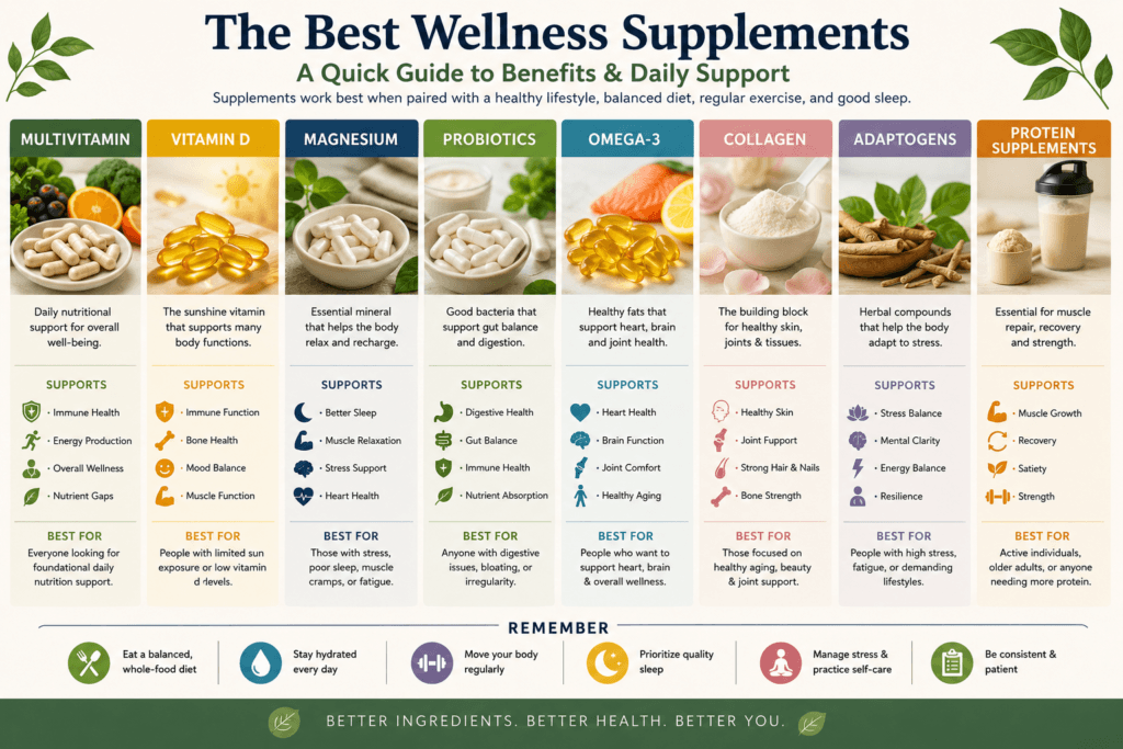 Wellness supplements guide and benefits wellness supplements comparison infographic