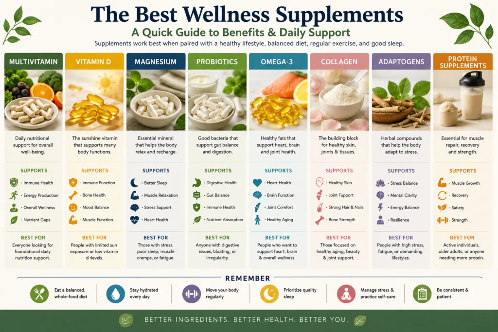 Wellness supplements guide and benefits wellness supplements comparison infographic