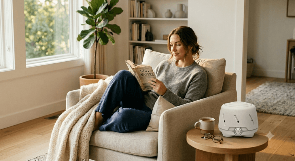 Person relaxing in a quiet room with a fan-based white noise machine nearby