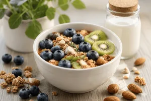 Gut-friendly breakfast bowl with oats, berries, kiwi, and nuts