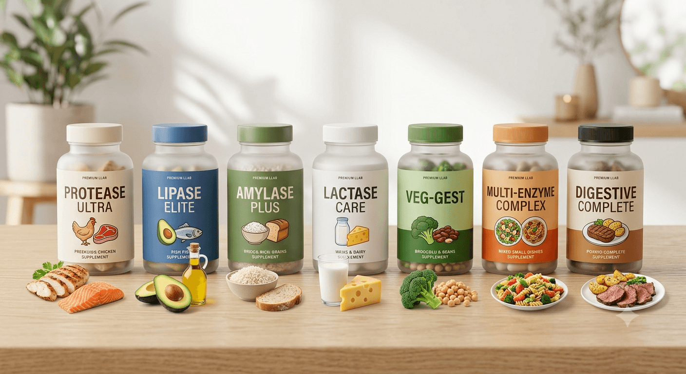 Digestive enzyme supplement comparison showing enzymes for protein, fat, carbohydrates, lactose, and complex carbs