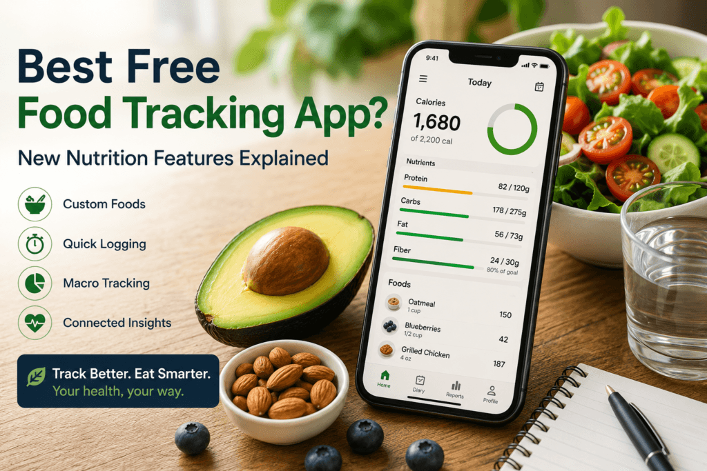 Best free food tracking app dashboard showing calories, macros, fiber, and food tracking features