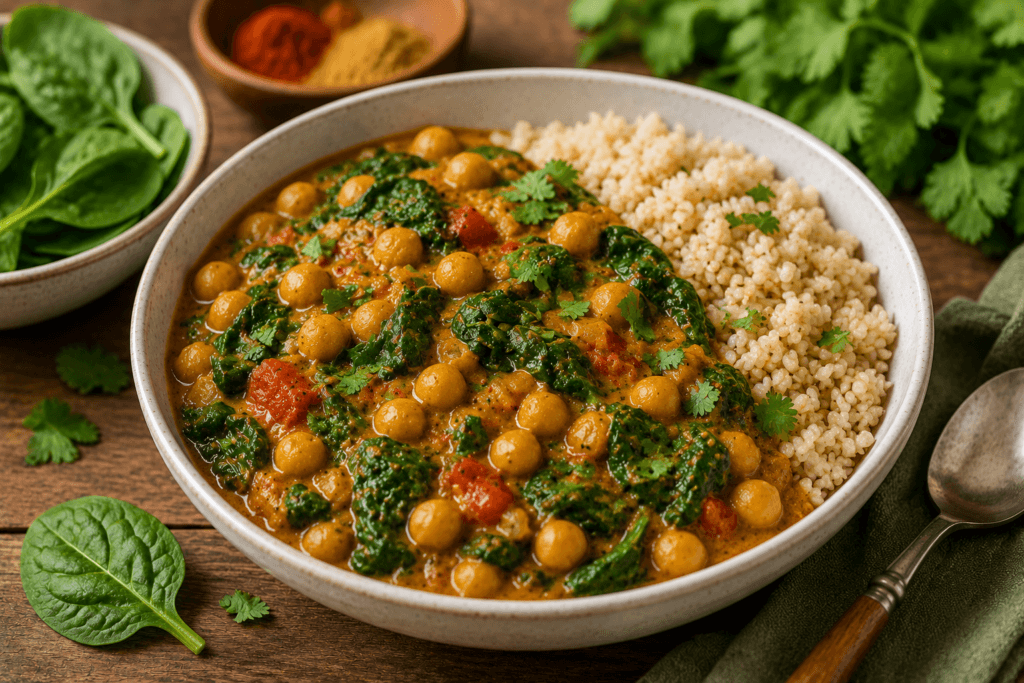 Spinach chickpea curry served with brown rice.