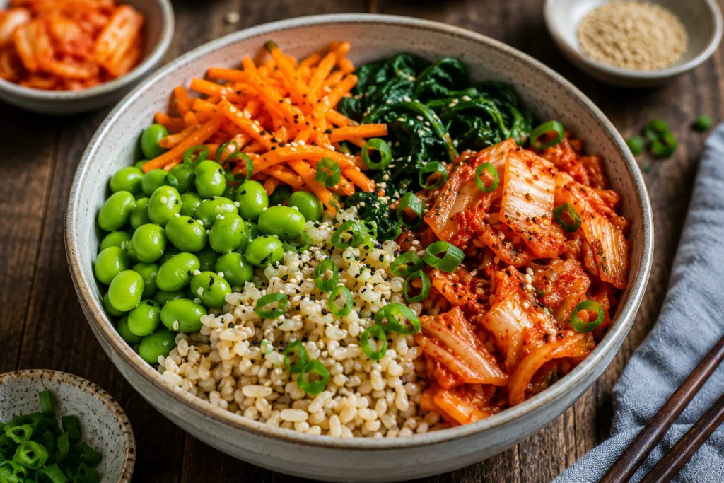 Kimchi brown rice bowl with edamame, carrots, spinach, and sesame seeds.
