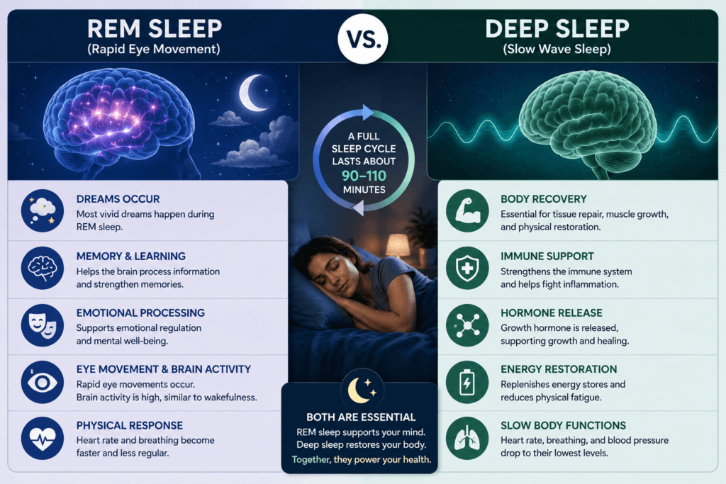 Comparison of REM sleep and deep sleep showing their different roles in brain function and physical recovery