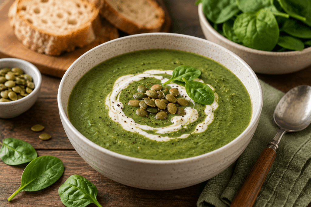 Creamy spinach soup topped with pumpkin seeds.