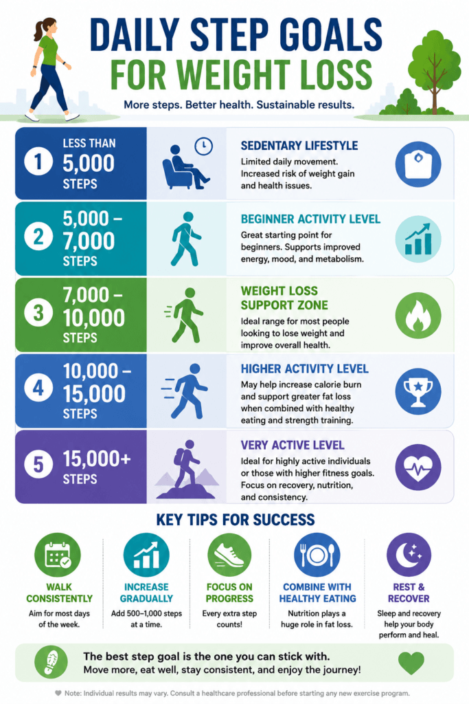 Infographic showing recommended daily step goals for weight loss