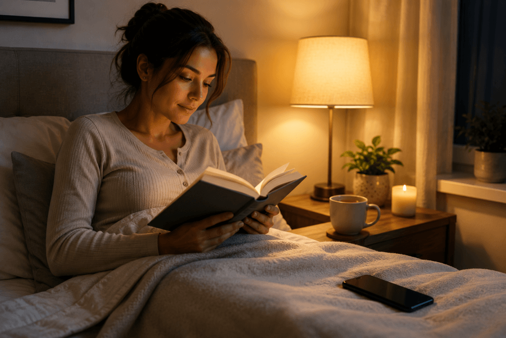 Healthy bedtime routine with reading instead of screen time to improve REM sleep naturally