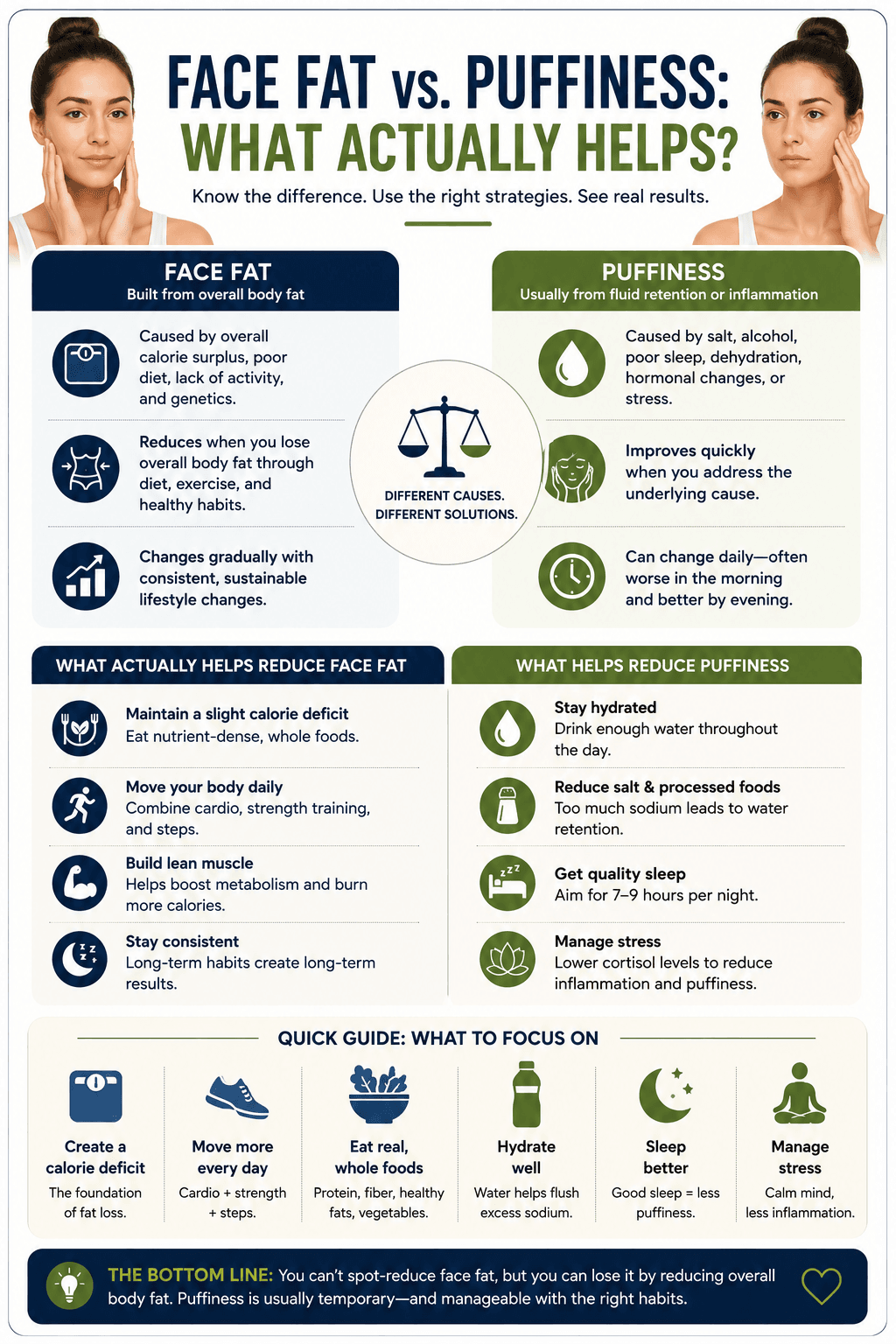 Face fat versus facial puffiness infographic showing causes and habits that may help reduce each