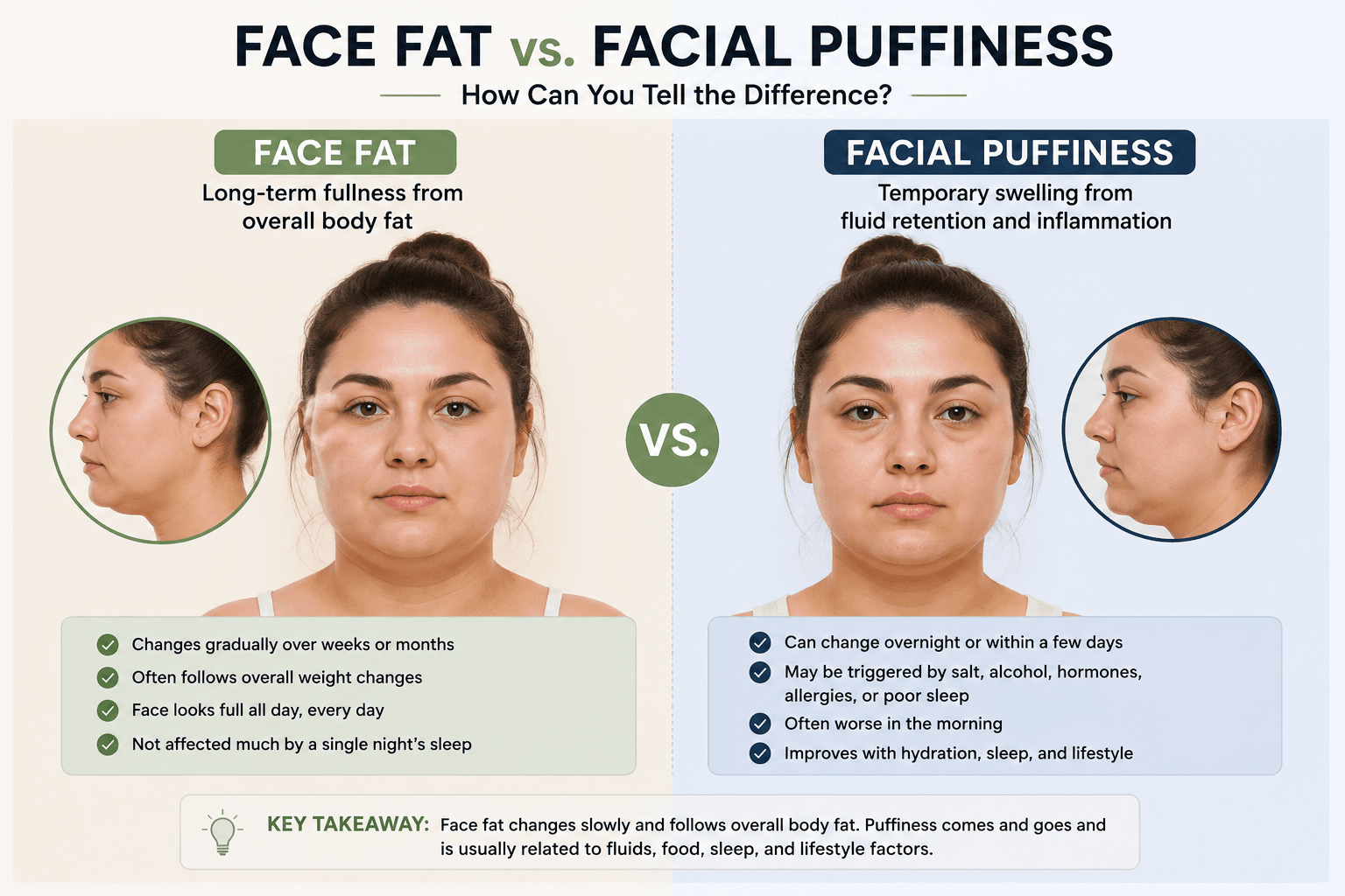 Face fat versus facial puffiness comparison showing gradual body fat changes and temporary fluid retention