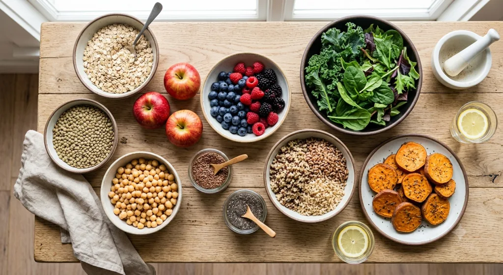 Fiber-rich oats, beans, berries, vegetables, and whole grains that support gut health