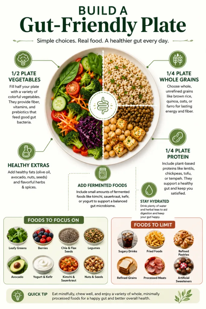 Gut-friendly plate infographic with fiber-rich vegetables, whole grains, protein, and fermented foods.