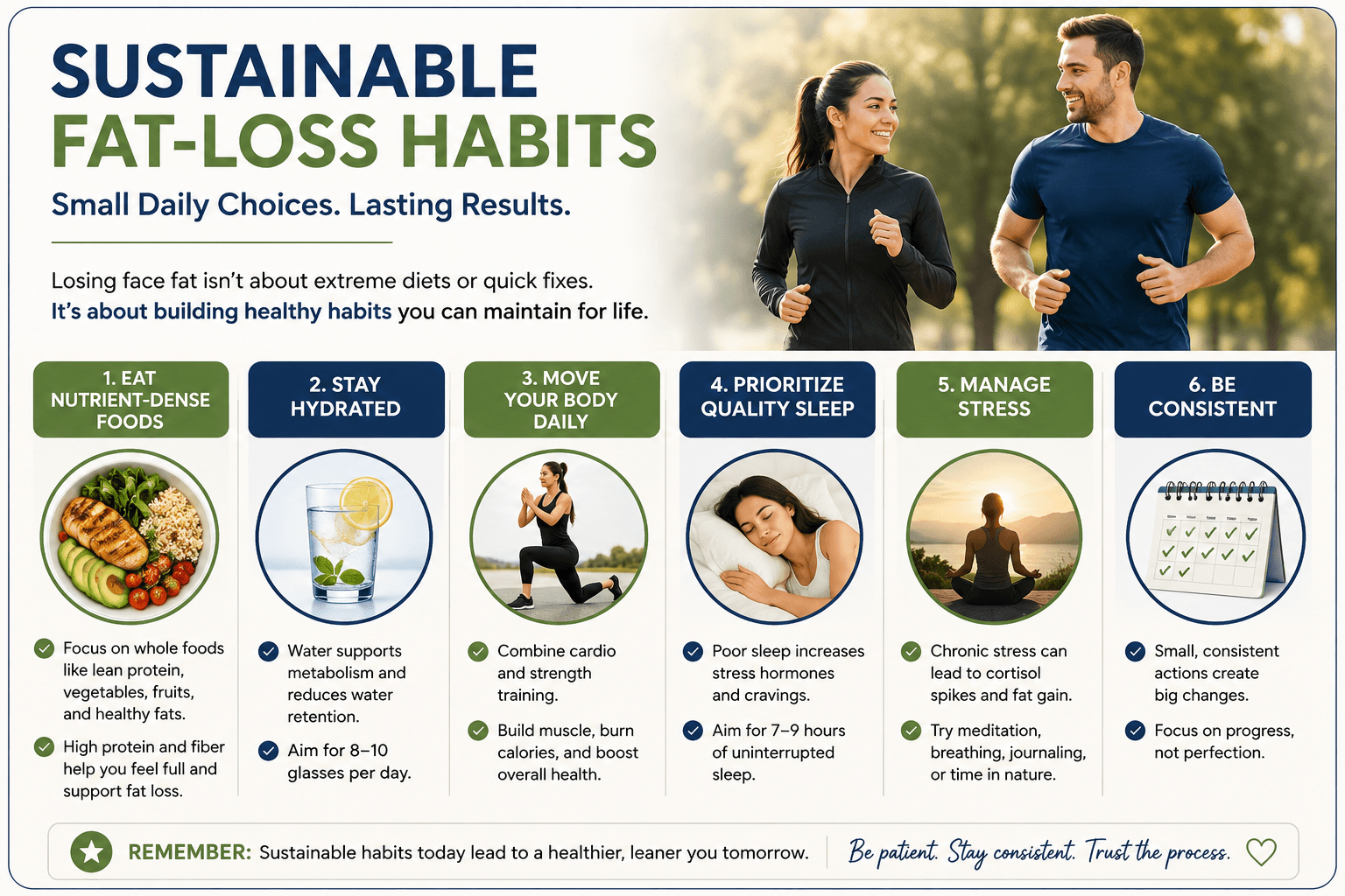 Sustainable fat-loss habits including healthy eating, hydration, daily movement, quality sleep, stress management, and consistency