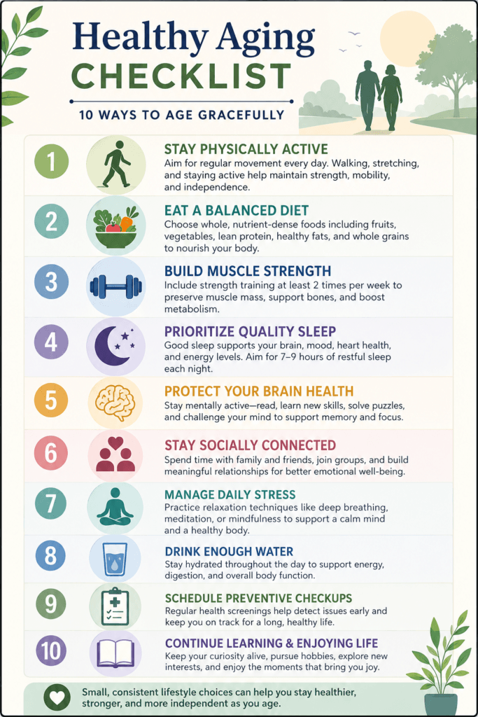 Infographic showing ten evidence-based ways to support healthy aging