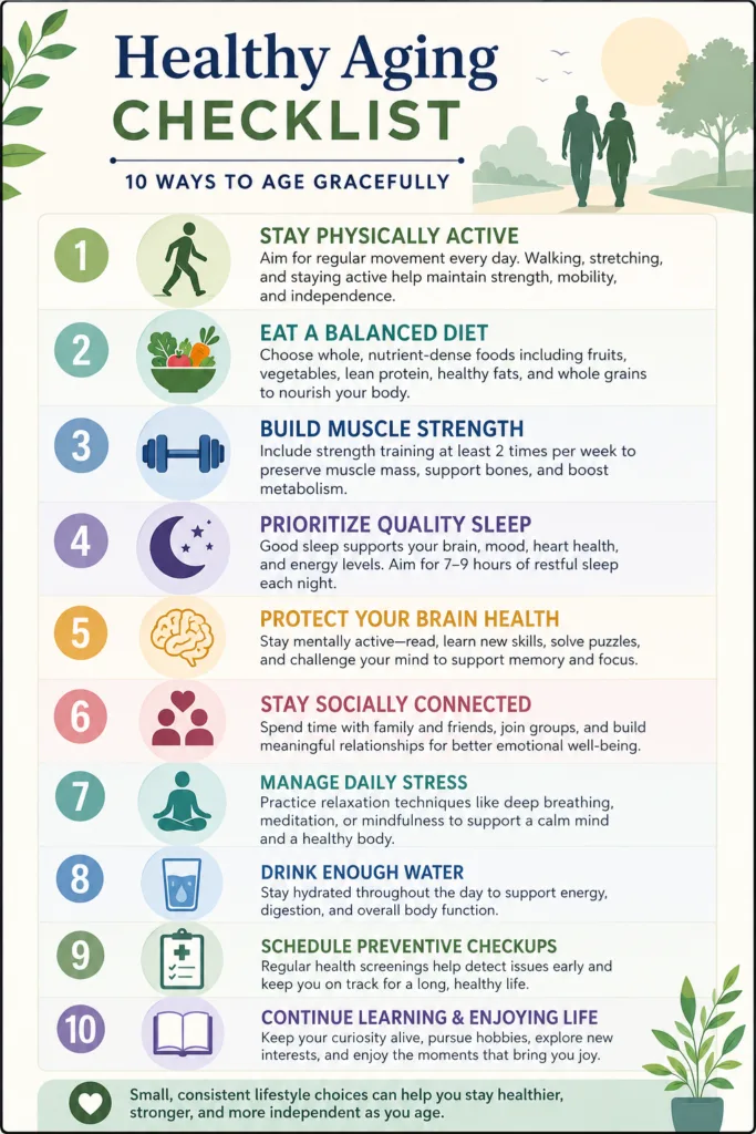 Infographic showing ten evidence-based ways to support healthy aging
