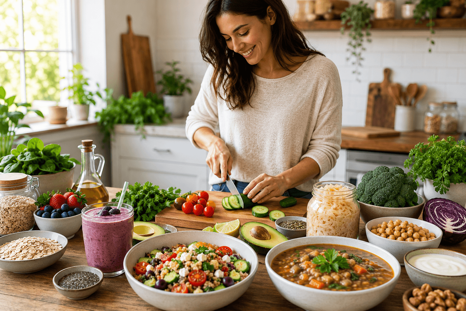Person preparing gut-healthy recipes in a bright kitchen