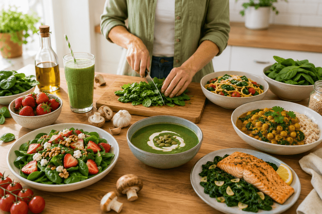 Person preparing healthy spinach recipes in a bright modern kitchen.