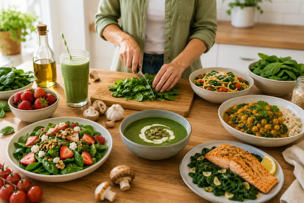 Person preparing healthy spinach recipes in a bright modern kitchen.