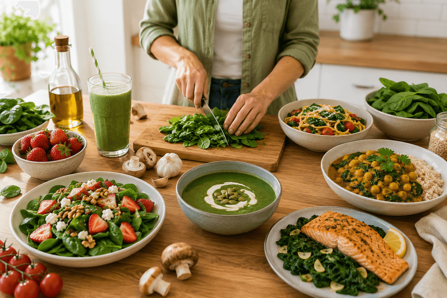 Person preparing healthy spinach recipes in a bright modern kitchen.