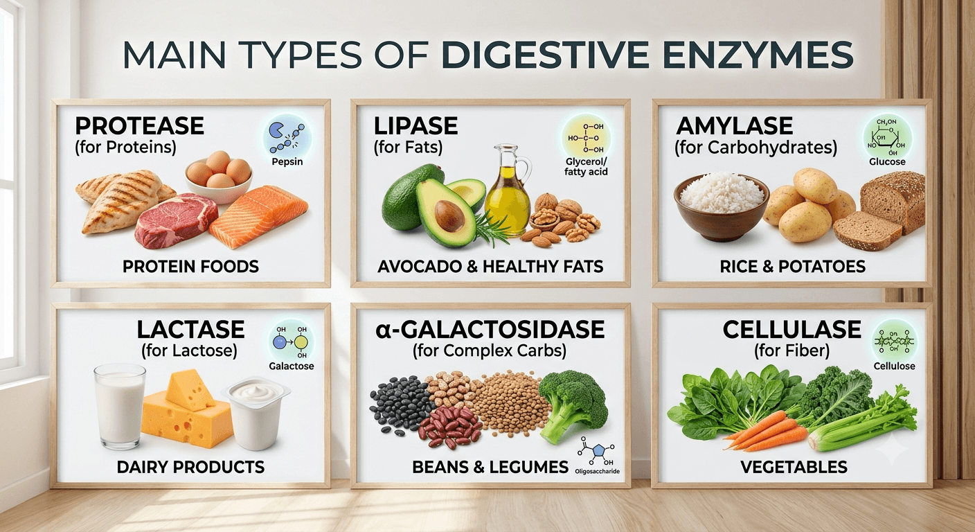 Main types of digestive enzymes including protease, lipase, amylase, lactase, alpha-galactosidase, and cellulase