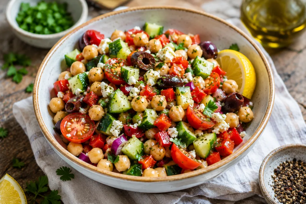 Mediterranean chickpea salad with fresh vegetables, olives, and feta cheese.