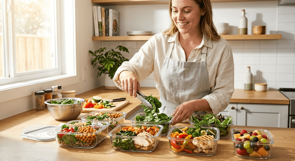Preparing healthy spinach meal prep containers.