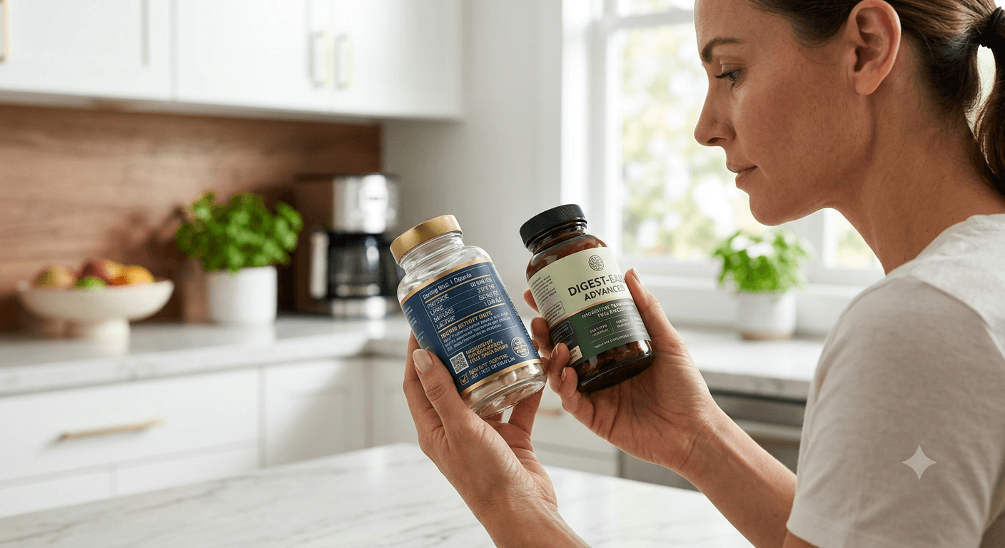 Digestive enzyme supplement label showing activity units, serving size, and enzyme types