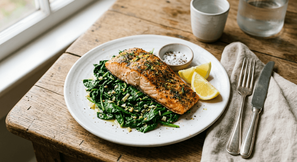 Roasted salmon served with garlic sautéed spinach.