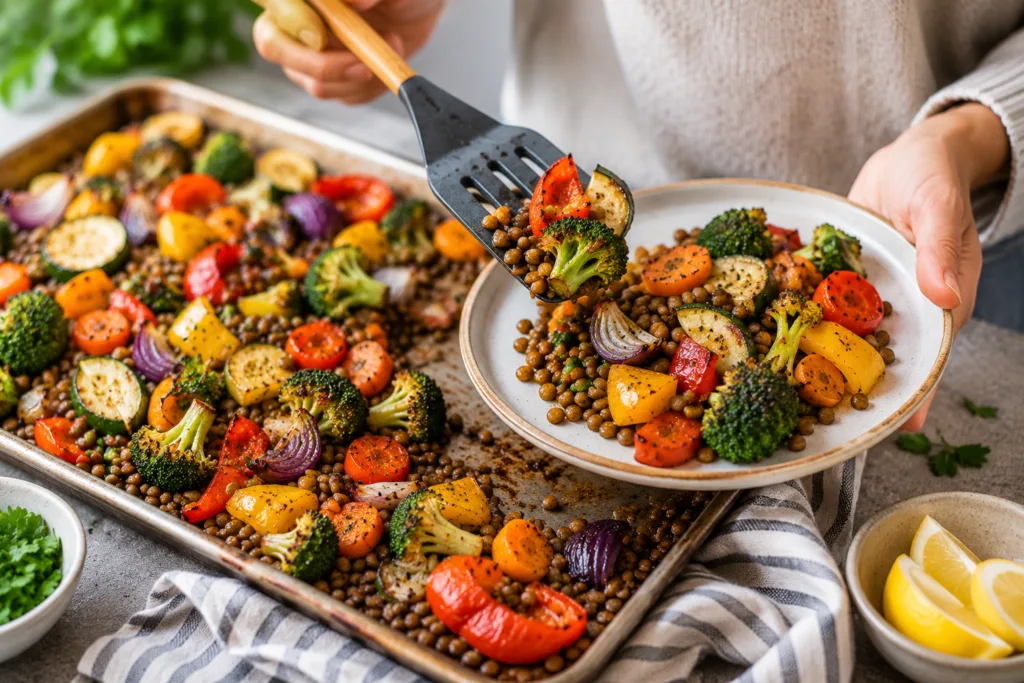 Roasted vegetable and lentil sheet pan dinner served on a plate.