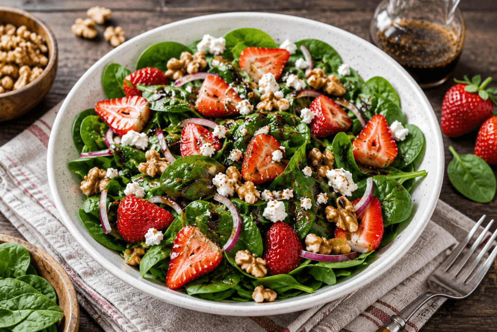 Rustic spinach salad with strawberries