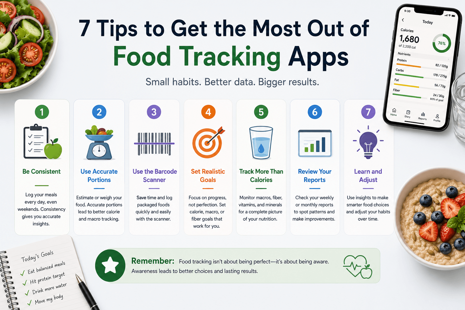 Seven tips to get the most out of food tracking apps, including consistent logging, accurate portions, barcode scanning, realistic goals, nutrient tracking, reports, and habit adjustments