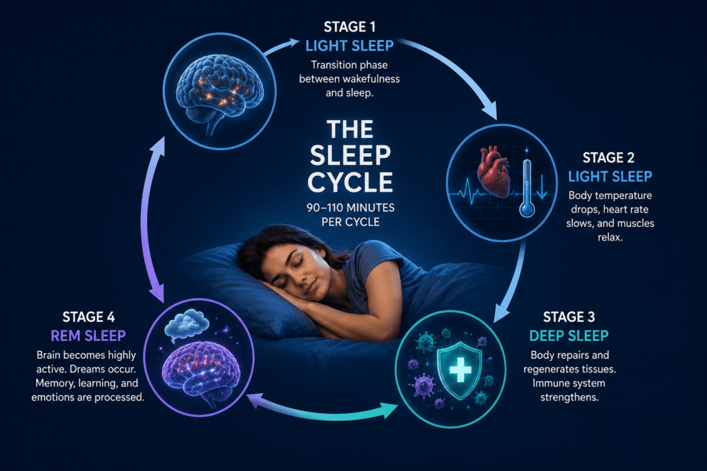 Sleep cycle diagram showing the stages of light sleep, deep sleep, and REM sleep