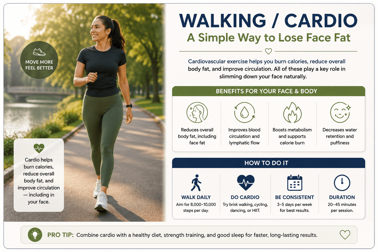 Walking and cardio exercise to support overall fat loss and a slimmer-looking face