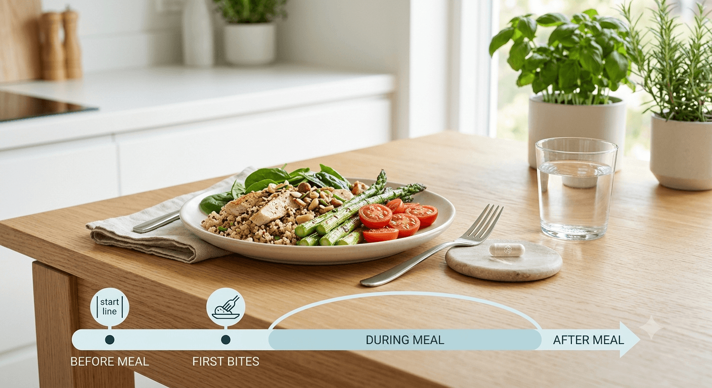 Timeline showing when to take digestive enzymes before or with a meal