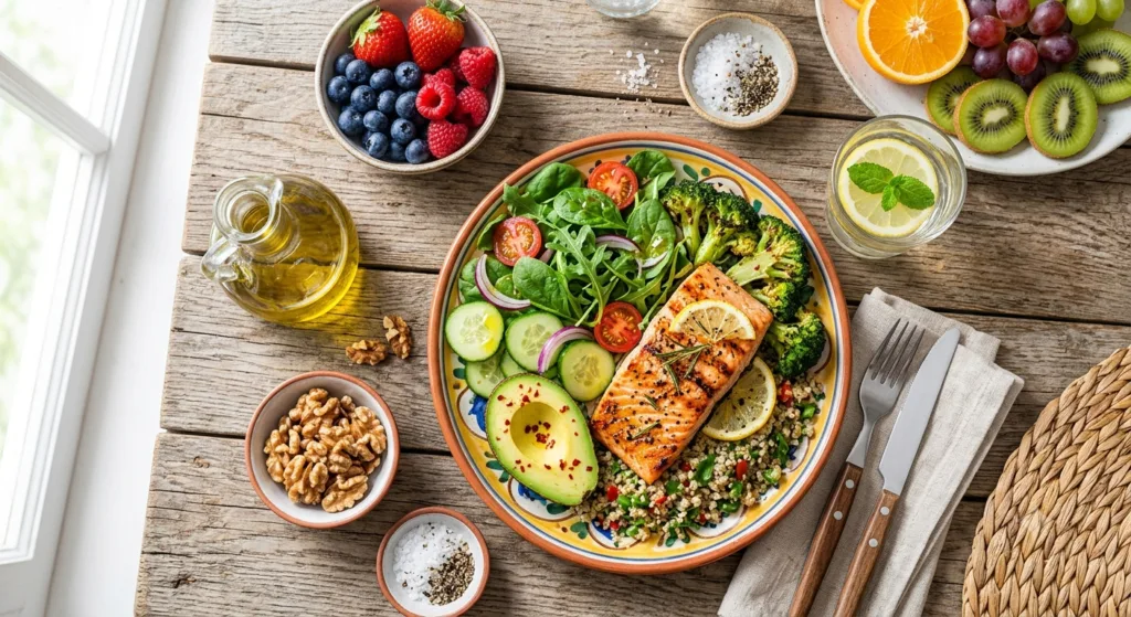 Mediterranean-style meal with nutritious foods that support healthy aging