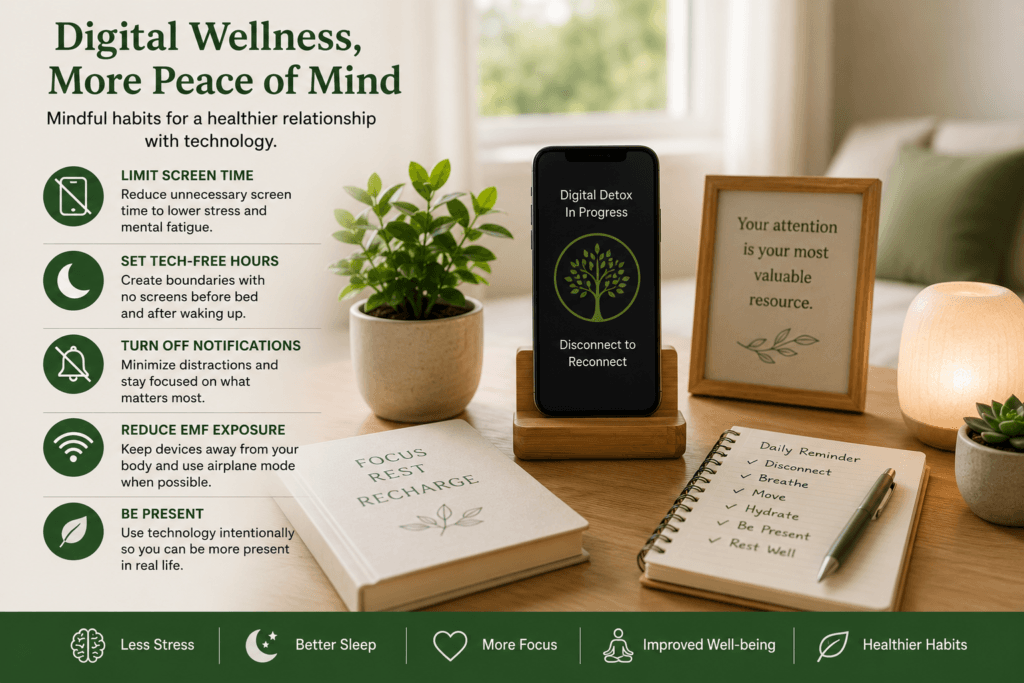 Practicing digital wellness by reducing screen time and creating tech-free spaces.