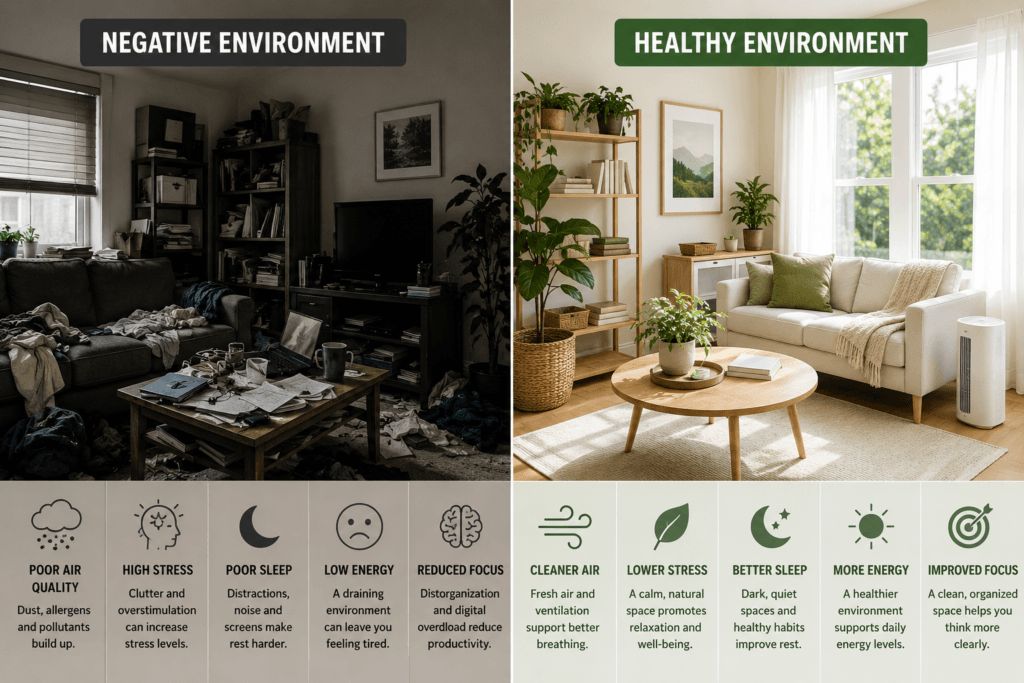 Comparison of a cluttered home environment and a healthy, organized living space