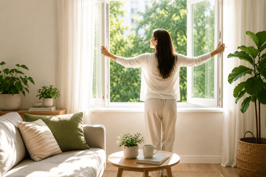 Opening windows in the morning to improve indoor air quality at home.