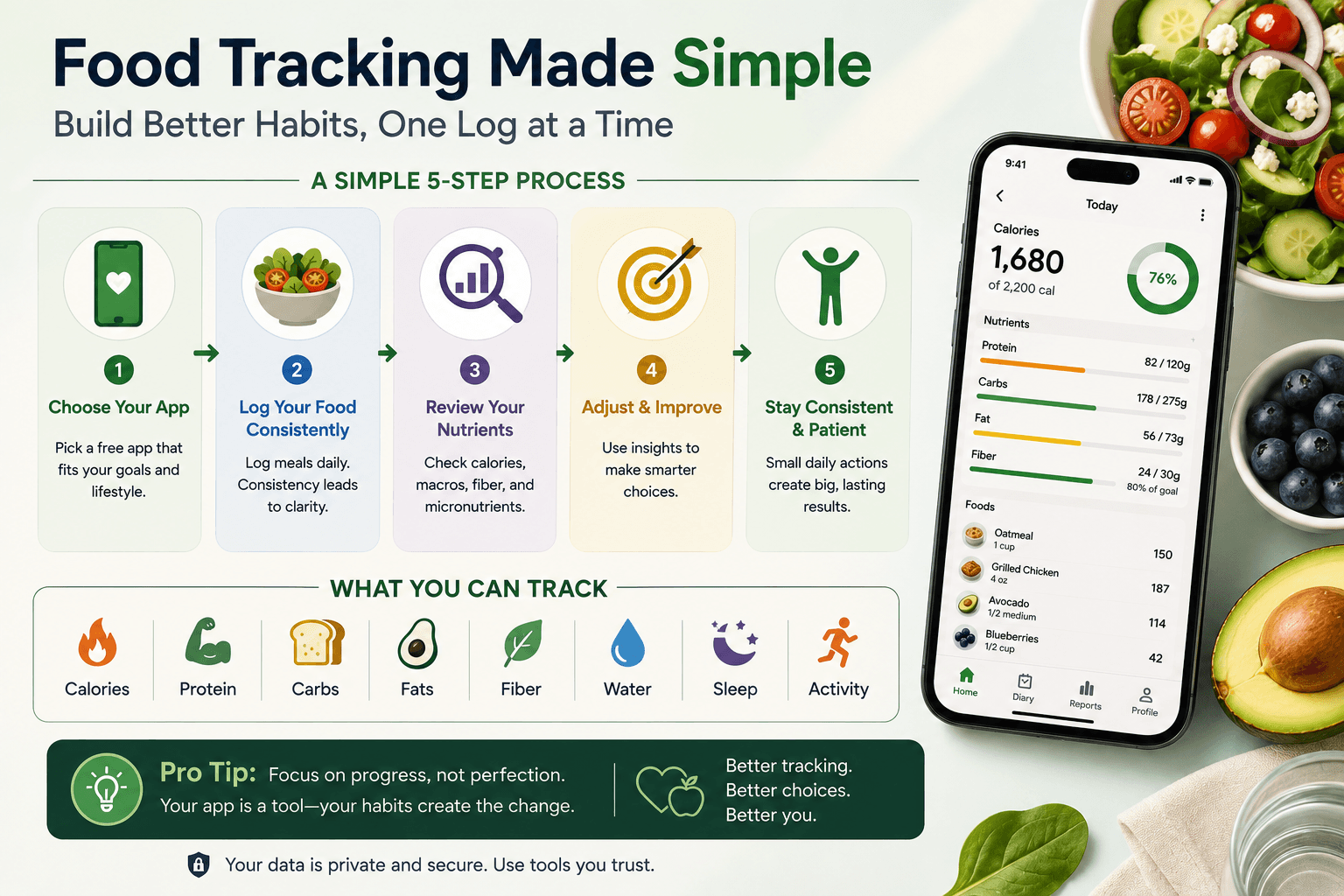 Food tracking made simple infographic showing five steps to log meals, review nutrients, adjust habits, and track calories, macros, fiber, water, sleep, and activity