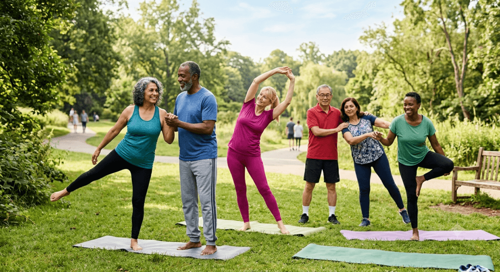 Adults over 50 improving balance and mobility through regular exercise
