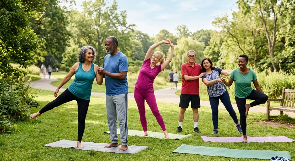Adults over 50 improving balance and mobility through regular exercise