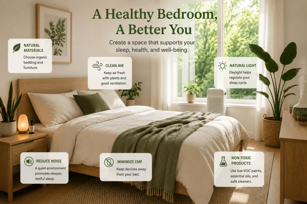 Healthy bedroom designed to support better sleep and relaxation.